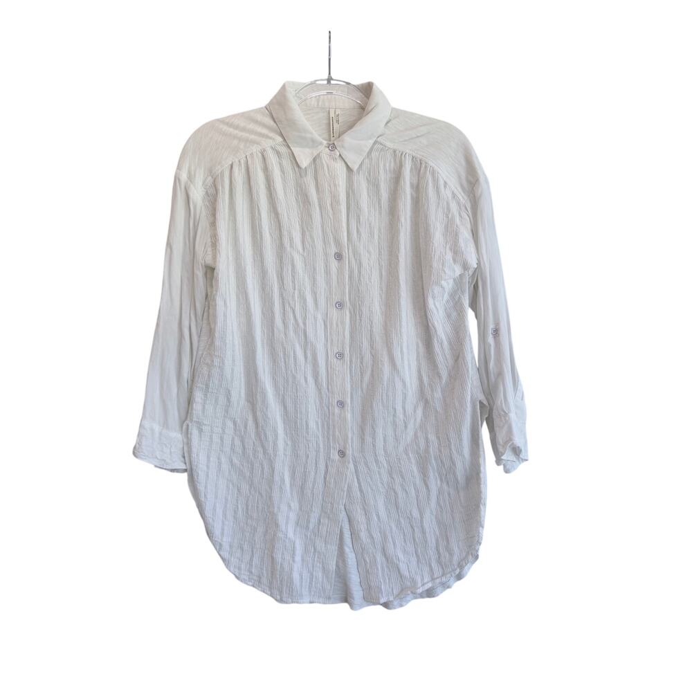 Anthropologie Tunic Shirt Small White Textured Button Front Mixed Media Roll Tab